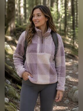 LIV Outdoor Cozy Plaid Quarter-Zip Sherpa Pullover Size S Cozy Hiking Outdoor